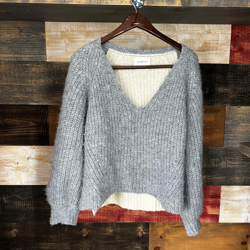 Eleven Six Fuzzy Alpaca Wool Sweater Off Shoulder Wide Neck Chunky Knit Small